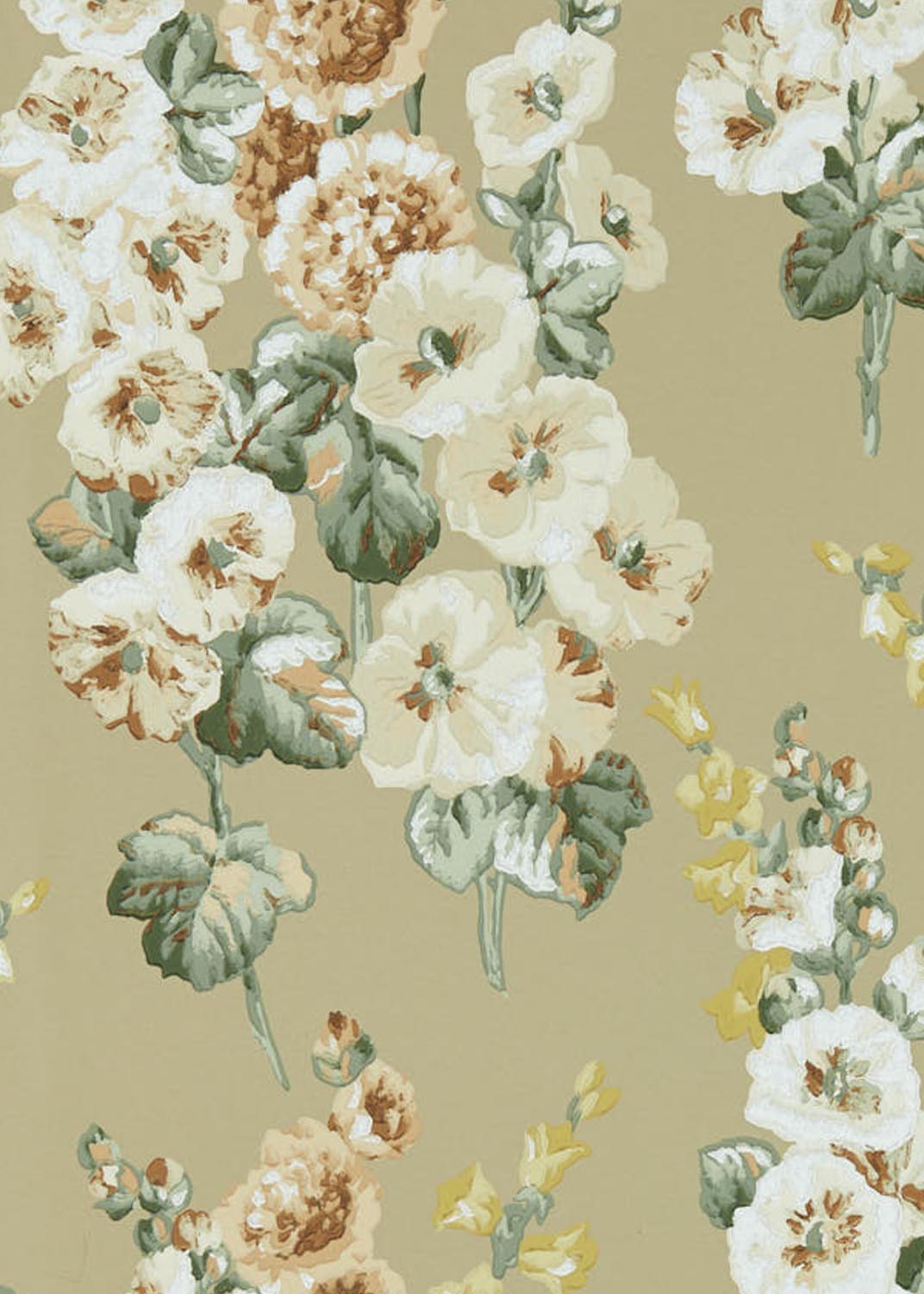 Sanderson One Sixty Hollyhocks Gold Metallic Tan Wallpaper Swatch