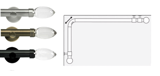 Rolls Neo 28mm L Shape Curtain Pole (Eyelet Compatible) with Clear Teardrop Finials