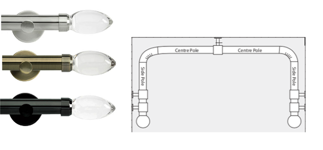 Rolls Neo 28mm 3 sided Bay Window Curtain Pole (Eyelet Compatible) with Clear Teardrop Finials